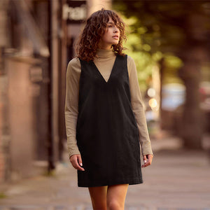 Black Corduroy Pinafore Short Sleeve Mini Dress