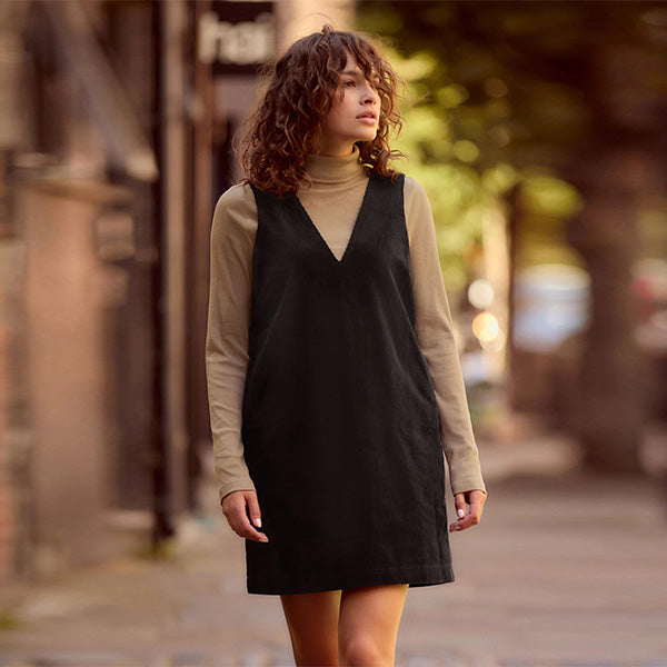 Black Corduroy Pinafore Short Sleeve Mini Dress