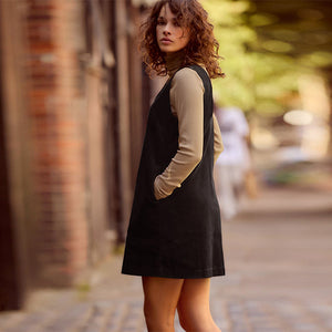 Black Corduroy Pinafore Short Sleeve Mini Dress