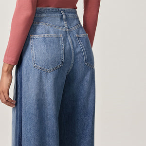 Mid Blue Side Stripe Palazzo Wide Leg 100% Cotton Jeans