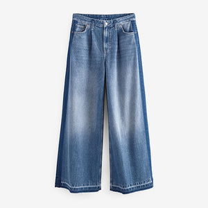 Mid Blue Side Stripe Palazzo Wide Leg 100% Cotton Jeans