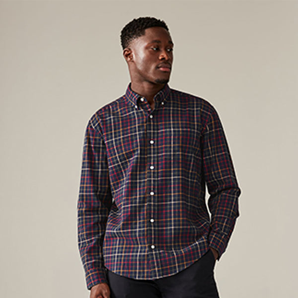 Navy Blue Check Long Sleeve 100% Cotton Oxford Shirt