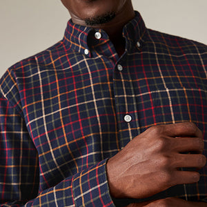Navy Blue Check Long Sleeve 100% Cotton Oxford Shirt