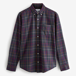 Navy Blue Check Long Sleeve 100% Cotton Oxford Shirt