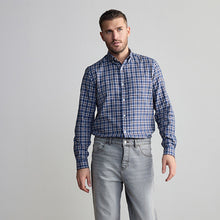 Load image into Gallery viewer, Navy Blue/Ecru White 100% Cotton Signature Brushed Flannel Check Long Sleeve Oxford Shirt
