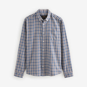 Navy Blue/Ecru White 100% Cotton Signature Brushed Flannel Check Long Sleeve Oxford Shirt