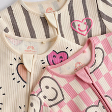 Load image into Gallery viewer, Pink Happy Heart Baby Two Way Zip Floral Print Sleepsuits 3 Pack (0mths-18mths)
