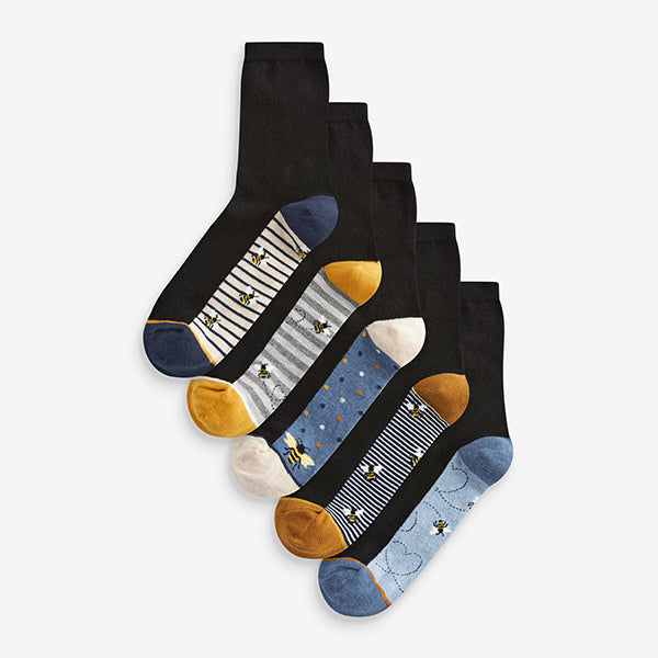 Blue/Ochre Bee Footbed Ankle Socks 5 Pack