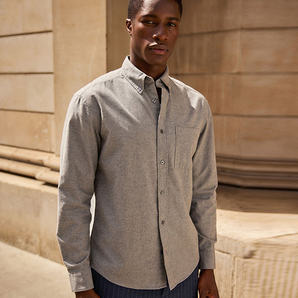 Grey Brushed 100% Cotton Oxford Long Sleeve Shirt