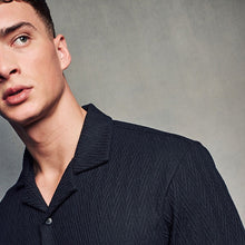 Load image into Gallery viewer, Black Zigzag Cuban Collar Textured Jersey Short Sleeve 100% Cotton Shirt
