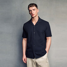Load image into Gallery viewer, Black Zigzag Cuban Collar Textured Jersey Short Sleeve 100% Cotton Shirt
