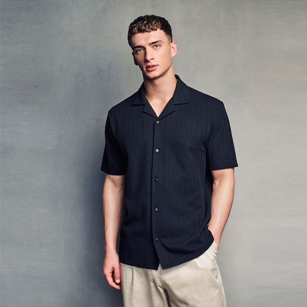 Black Zigzag Cuban Collar Textured Jersey Short Sleeve 100% Cotton Shirt