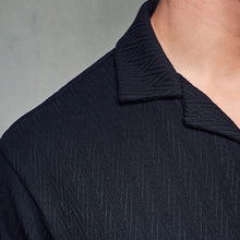Load image into Gallery viewer, Black Zigzag Cuban Collar Textured Jersey Short Sleeve 100% Cotton Shirt
