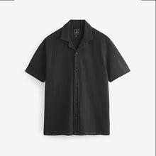 Load image into Gallery viewer, Black Zigzag Cuban Collar Textured Jersey Short Sleeve 100% Cotton Shirt
