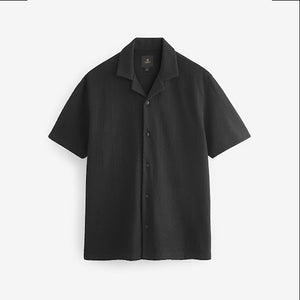 Black Zigzag Cuban Collar Textured Jersey Short Sleeve 100% Cotton Shirt