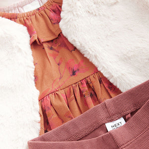 Rust Brown Long Sleeve 100% Cotton Dress with Gilet and Leggings Set (3mths-6yrs)