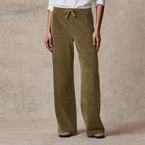 Khaki Green Pull On Wide Leg Corduroy Trousers
