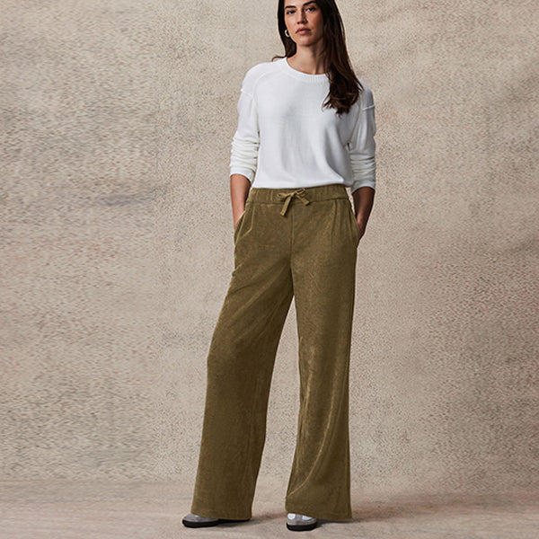 Khaki Green Pull On Wide Leg Corduroy Trousers