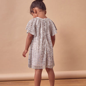Pink Bow Sequin Party Angel Sleeve Dress (6mths-6yrs)