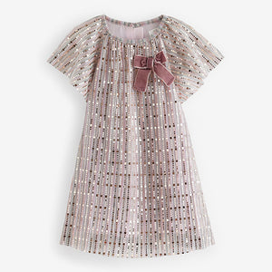 Pink Bow Sequin Party Angel Sleeve Dress (6mths-6yrs)