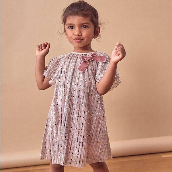 Pink Bow Sequin Party Angel Sleeve Dress (6mths-6yrs)