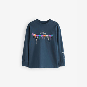 Navy Blue Skateboard Relaxed Fit Long Sleeve Graphic T-Shirt