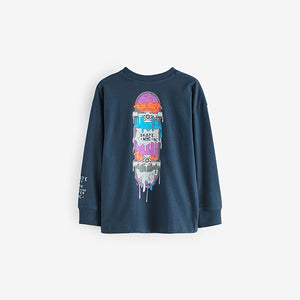 Navy Blue Skateboard Relaxed Fit Long Sleeve Graphic T-Shirt