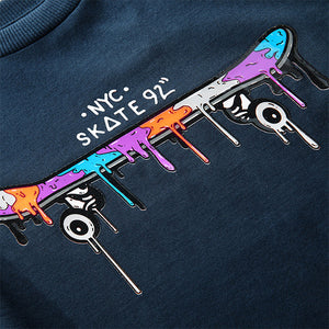 Navy Blue Skateboard Relaxed Fit Long Sleeve Graphic T-Shirt