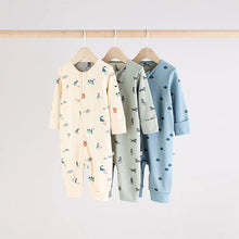 Load image into Gallery viewer, Teal Blue Baby Printed Zip Sleepsuits 3 Pack
