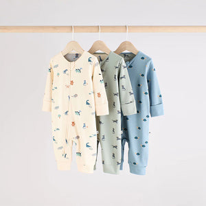 Teal Blue Baby Printed Zip Sleepsuits 3 Pack