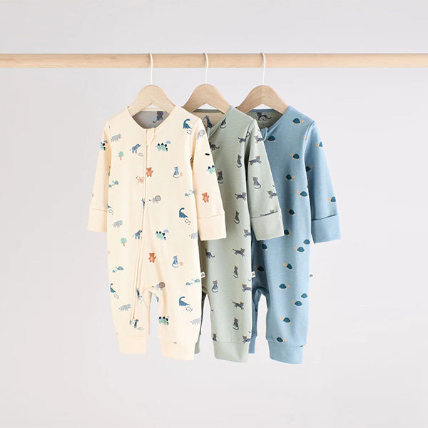Teal Blue Baby Printed Zip Sleepsuits 3 Pack