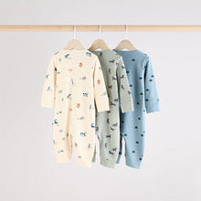 Load image into Gallery viewer, Teal Blue Baby Printed Zip Sleepsuits 3 Pack
