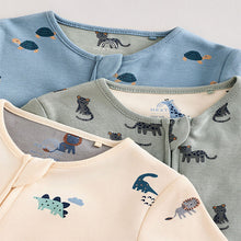 Load image into Gallery viewer, Teal Blue Baby Printed Zip Sleepsuits 3 Pack
