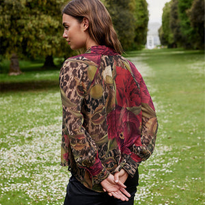 Brown Leopard and Floral Print Long Sleeve Tie Neck Blouse