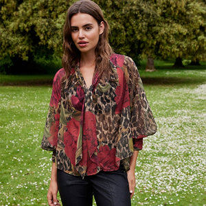 Brown Leopard and Floral Print Long Sleeve Tie Neck Blouse