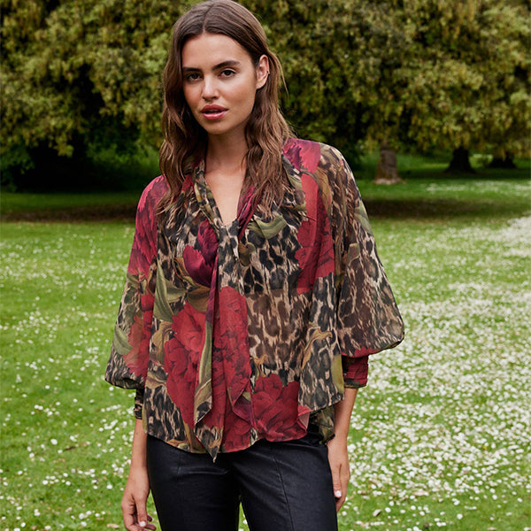 Brown Leopard and Floral Print Long Sleeve Tie Neck Blouse