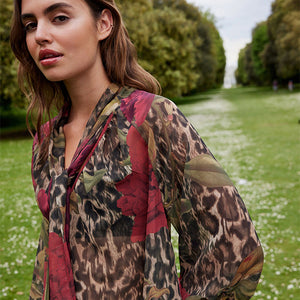 Brown Leopard and Floral Print Long Sleeve Tie Neck Blouse