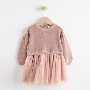 Dusky Pink Twofer Mesh Baby Dress (0mths-18mths)