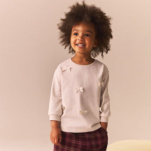 Ecru 100% Cotton Long Sleeve Appliqué Bow Top (3mths-6yrs)
