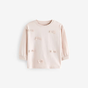 Ecru 100% Cotton Long Sleeve Appliqué Bow Top (3mths-6yrs)