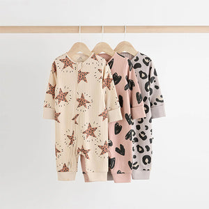 Brown Two Way Zip Baby Footless 100% Cotton Sleepsuits 3 Pack