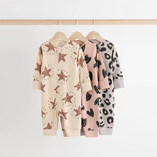 Brown Two Way Zip Baby Footless 100% Cotton Sleepsuits 3 Pack
