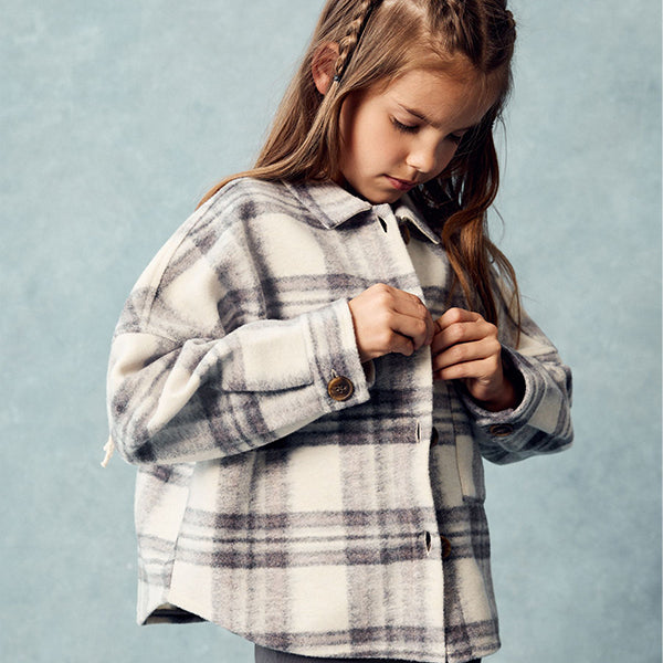 Neutral Check Fringed Shacket (3-12yrs)