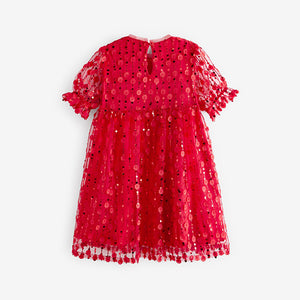 Red Sequin Mesh Flower Party Dress (3-11yrs)