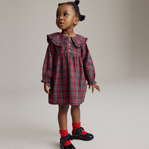 Red Tartan Long Sleeve 100% Cotton Peter Pan Collar Dress (3mths-6yrs)