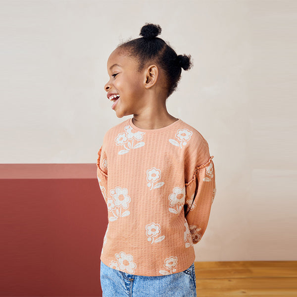 Peach Pink Flower 100% Cotton Long Sleeve Textured Top (3mths-6yrs)