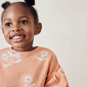 Peach Pink Flower 100% Cotton Long Sleeve Textured Top (3mths-6yrs)
