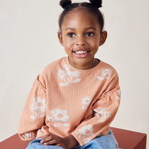 Peach Pink Flower 100% Cotton Long Sleeve Textured Top (3mths-6yrs)
