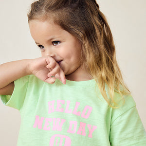 Pink/Green Slogan 100% Cotton Short Sleeve T-Shirt And Wide Leg Trousers (3mths-6yrs)