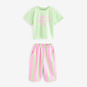 Pink/Green Slogan 100% Cotton Short Sleeve T-Shirt And Wide Leg Trousers (3mths-6yrs)